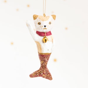 Maneki Neko Mermaid in Cotton Yarn with Collar and Bell. Made to Order