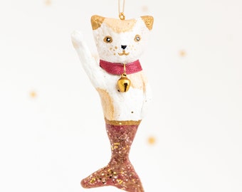 Maneki Neko Mermaid in Cotton Yarn with Collar and Bell. Made to Order