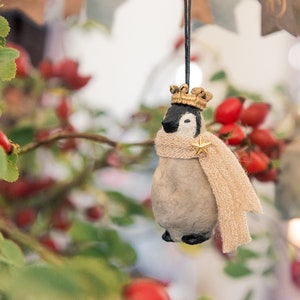 Vintage inspired decoration, penguin with scarf and crown made of cotton wool, winter decoration penguin with sweater. image 7
