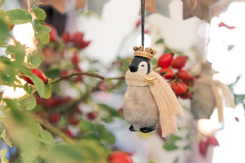 Vintage inspired decoration, penguin with scarf and crown made of cotton wool, winter decoration penguin with sweater. image 7