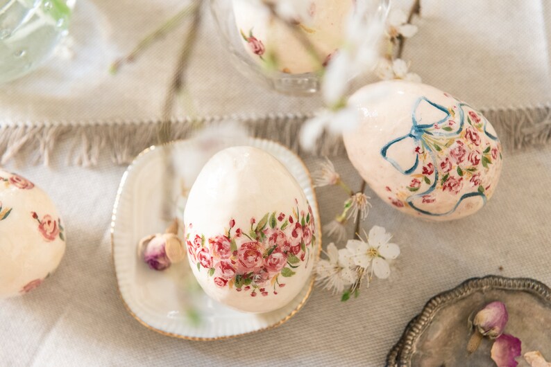 Vintage style Easter egg, hand painted egg with bow and roses, spring decoration, cotton wool Easter ornament image 4