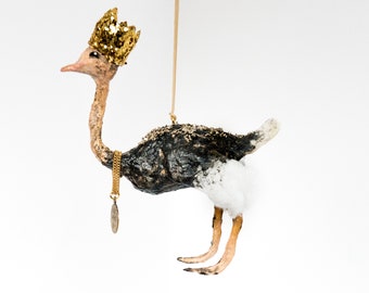 Vintage-inspired spun cotton ostrich with crown and necklace. Made to order.