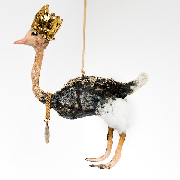 Vintage-inspired spun cotton ostrich with crown and necklace. Made to order.