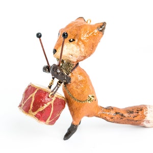 vintage inspired decoration. Fox with drum and bow in cotton wool. made to order.