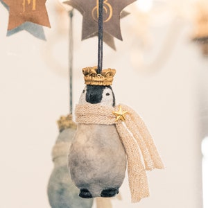 Vintage inspired decoration, penguin with scarf and crown made of cotton wool, winter decoration penguin with sweater. image 8