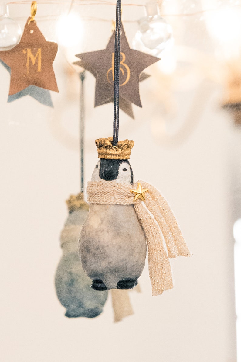 Vintage inspired decoration, penguin with scarf and crown made of cotton wool, winter decoration penguin with sweater. image 8