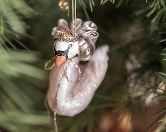 Vintage-inspired decorative swan, swan Christmas ornament with glass crystals, swan with golden crown and glitter.
