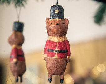 Vintage Inspired Christmas Ornament, Nutcracker Bear for Christmas Tree, Cotton Spun Christmas Nutcracker.