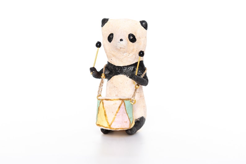 Panda decoration with drum, vintage inspired spun cotton figurine, spun cotton panda, vintage style nursery decoration senza nome