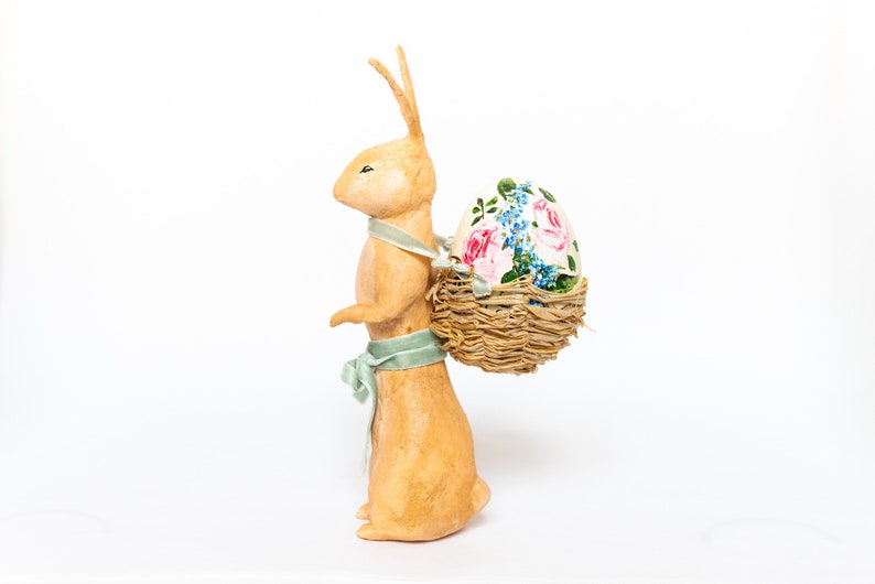 Decorative Easter rabbit in cotton wool, Easter centerpiece with egg holder in the shape of a rabbit, hare in spun cotton with basket. image 1