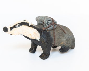 Vintage style spun cotton badger, vintage inspired animal decoration, unbreakable cotton wool animal figurine