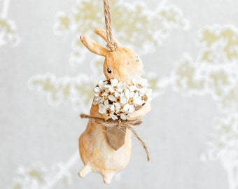 Decorative spun cotton rabbit, hanging bunny, spring ornament with real flowers