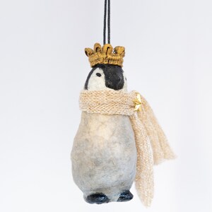 Vintage inspired decoration, penguin with scarf and crown made of cotton wool, winter decoration penguin with sweater. image 6