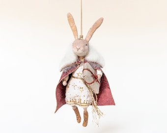 Vintage Inspired Christmas Ornament, Christmas Tree Decorating Hare, Christmas Hare Figurine with Spun Cotton Dress