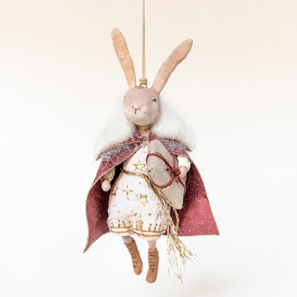 Vintage Inspired Christmas Ornament, Christmas Tree Decorating Hare, Christmas Hare Figurine with Spun Cotton Dress