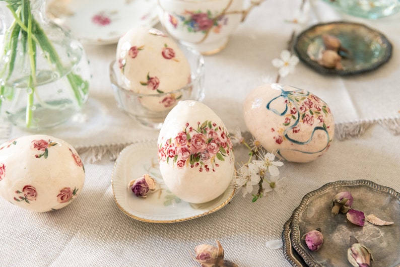Vintage style Easter egg, hand painted egg with bow and roses, spring decoration, cotton wool Easter ornament image 8