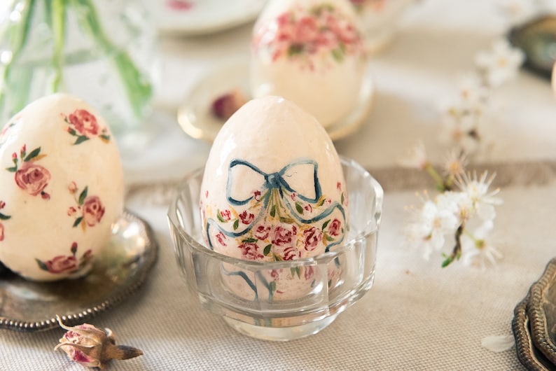 Vintage style Easter egg, hand painted egg with bow and roses, spring decoration, cotton wool Easter ornament image 1