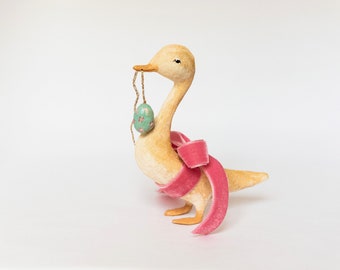 Vintage inspired decoration, duck with bow and decorated egg, centerpiece duck, hand painted Easter decoration.