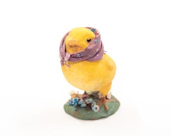 Chick Decoration, Easter Chick with Flowers, Vintage Style Cotton Spun Ornament, Victorian Style Chick.