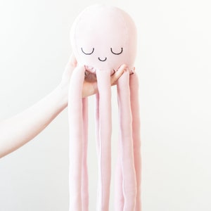 May include: A pink plush octopus with embroidered eyes and a smiling mouth. The octopus has long, thin tentacles.