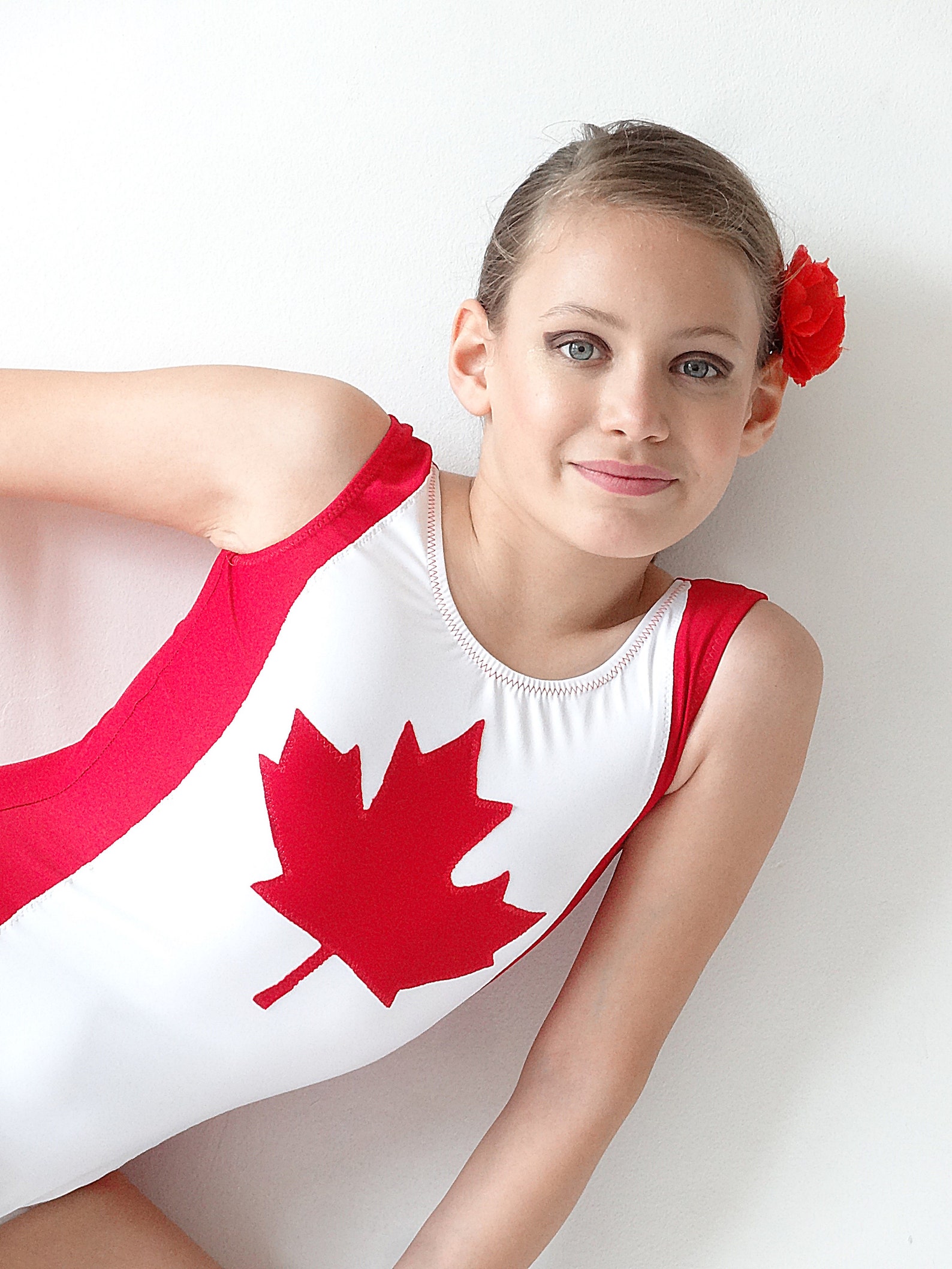 Girls Canada Flag Gymnastics Dance Leotard, Rhythmic Gymnastic Leotard