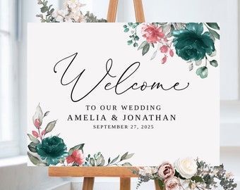 Pink Teal Wedding Welcome Sign Template, Teal and Pink Welcome Sign, Floral Wedding Welcome Sign, Templett, #B142