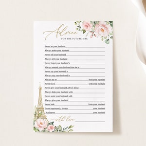 Modèle de carte de conseils pour la douche nuptiale Paris, Shower nuptiale Tour Eiffel, cartes de conseils modifiables pour la mariée, jeu de douche nuptiale Templett, B236