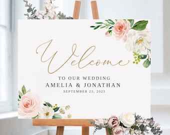 Blush Gold Wedding Welcome Sign Template, Blush Wedding Welcome Sign, Floral Wedding Welcome Sign, Printable Wedding Sign, Templett, #B152