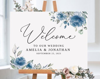 Dusty Blue Wedding Welcome Sign Template, Blue Floral Wedding Welcome Sign, Printable Wedding Sign, Templett, #B97