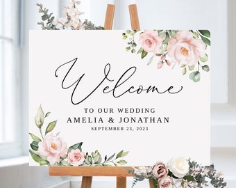 Blush Pink Wedding Welcome Sign Template, Blush Wedding Welcome Sign, Floral Wedding Welcome Sign, Printable Wedding Sign, Templett, #B33