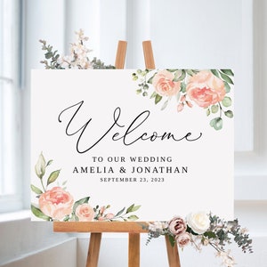 Coral Wedding Welcome Sign, Peach Wedding Welcome Sign Template, Floral Wedding Welcome Sign, Printable Wedding Sign, Templett, #B39
