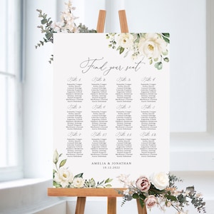 Personalized 0020 White Floral Wedding Seating Plan Poster Modern Flower Wedding Seating Chart Template Printable Wedding Seating Chart