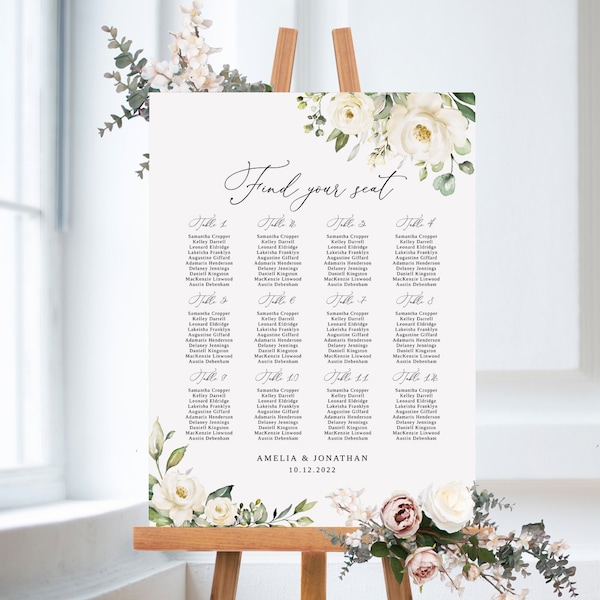 White Wedding Seating Chart Template, Floral Wedding Seating Chart, Wedding Seating Board, Seating Plan, White Flowers, Templett, #B36