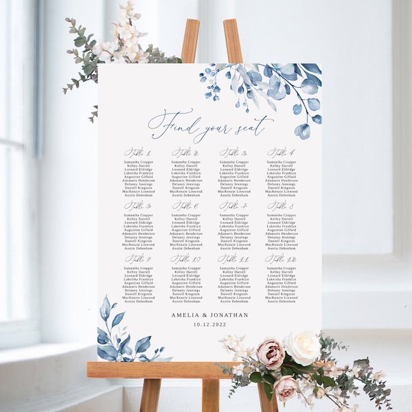 Modèle de plan de table de mariage bleu poussiéreux, plan de table de mariage floral, plan de table de mariage, plan de salle, Templett, #B63