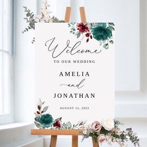 Teal Burgundy Wedding Welcome Sign Template, Teal and Burgundy Welcome Sign, Floral Wedding Welcome Sign, Templett, #B149