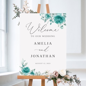 Teal Wedding Welcome Sign Template, Turquoise Wedding Welcome Sign, Floral Wedding Welcome Sign, Printable Wedding Sign, Templett, #B143