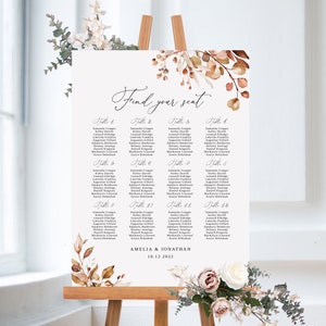 Plantilla de tabla de asientos para bodas de otoño, tabla de asientos para bodas de otoño, tabla de asientos para bodas, plano de asientos, Templett, #B62