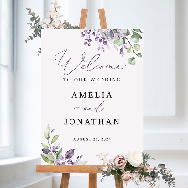 Purple and Green Wedding Welcome Sign Template, Lavender Wedding Welcome Sign, Floral Welcome Sign, Printable Wedding Sign, Templett, #B125