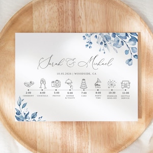 Modèle de carte de mariage bleu poussiéreux, ordre du jour, calendrier de mariage floral, modèle de programme de mariage, ordre du jour, Templett, B63