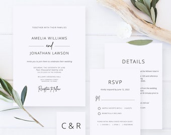 Modern Wedding Invitation Template, Clean Wedding Invite, Minimalist Wedding Invitation Suite, Editable Template, Templett, #B127