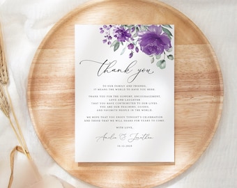 Purple Wedding Thank You Card Template, Elegant Wedding Thank You Card, Thank You Place Card, Wedding Thanks Card, Templett, #B150