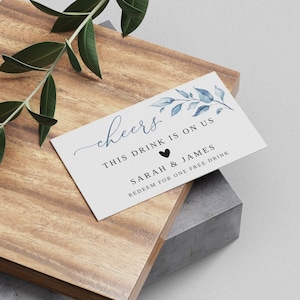 Boletos para bebidas de boda azul polvoriento, plantilla de boleto de bebida, Templett, #B63