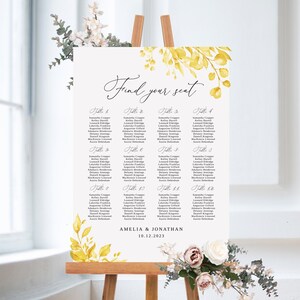 Plantilla de tabla de asientos de boda amarilla, tabla de asientos de boda floral, tabla de asientos amarilla, plano de asientos, Templett, #B154