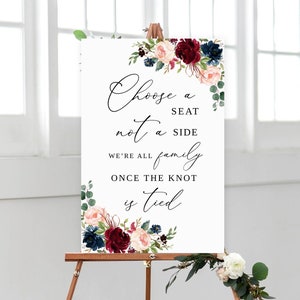Burgundy Navy Blush Wedding Seating Sign Template, Choose a Seat Sign, Pik a Seat, We’re all Family Once the Knot is Tied, Templett, #B80