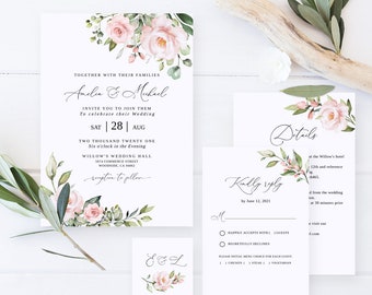 Suite de faire-part de mariage rose, modèle de faire-part de mariage rose poudré, faire-part de mariage rose poudré, faire-part floral, Templett, #B33