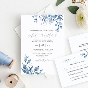 Dusty Blue Hochzeitseinladung Vorlage, Blaue Hochzeitseinladung, Bearbeitbare Vorlage, Blaue Blumenhochzeitseinladung, Templett, #B63
