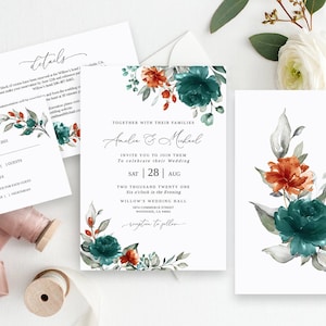 Suite de faire-part de mariage orange sarcelle, faire-part de mariage orange et sarcelle, modèle modifiable, faire-part de mariage floral, Templett, #B141