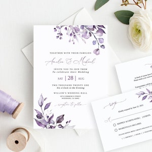 Dusty Purple Wedding Invitation Template, Purple Wedding Invitation, Editable Template, Lavender Wedding Invitation, Templett, #B64