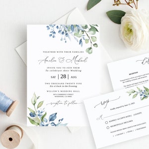 Dusty Blue Green Wedding Invitation Template, Dusty Blue Wedding Invitation, Greenery Wedding Invitation, Templett, #B163