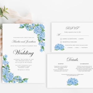 Hydrangea Wedding Invitation Template, Printable Wedding Invitation, Blue Wedding Invitation, Blue Hydrangea Invitation, Templett, B25